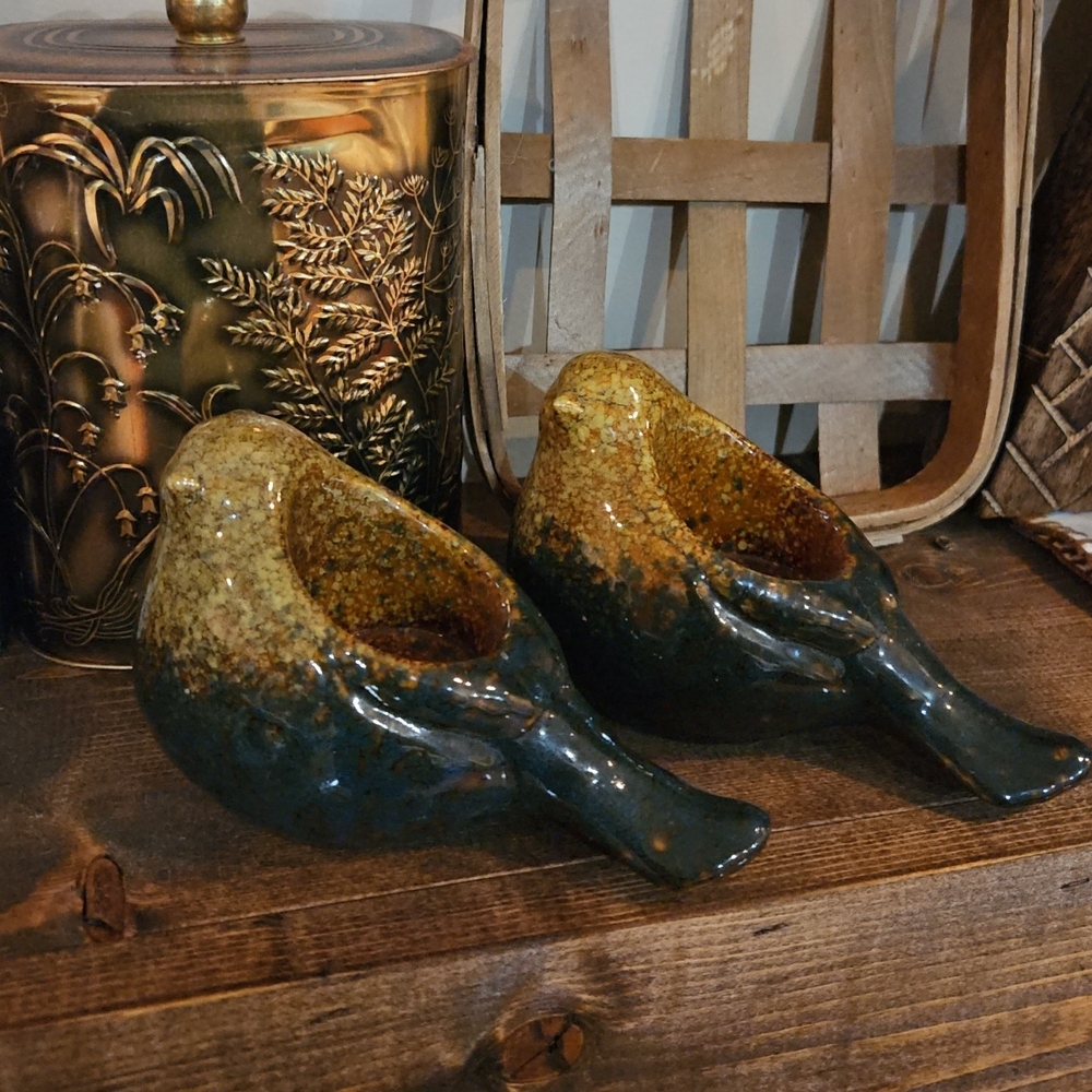Ceramic Bird Candle Holder Pair in Green and Gold